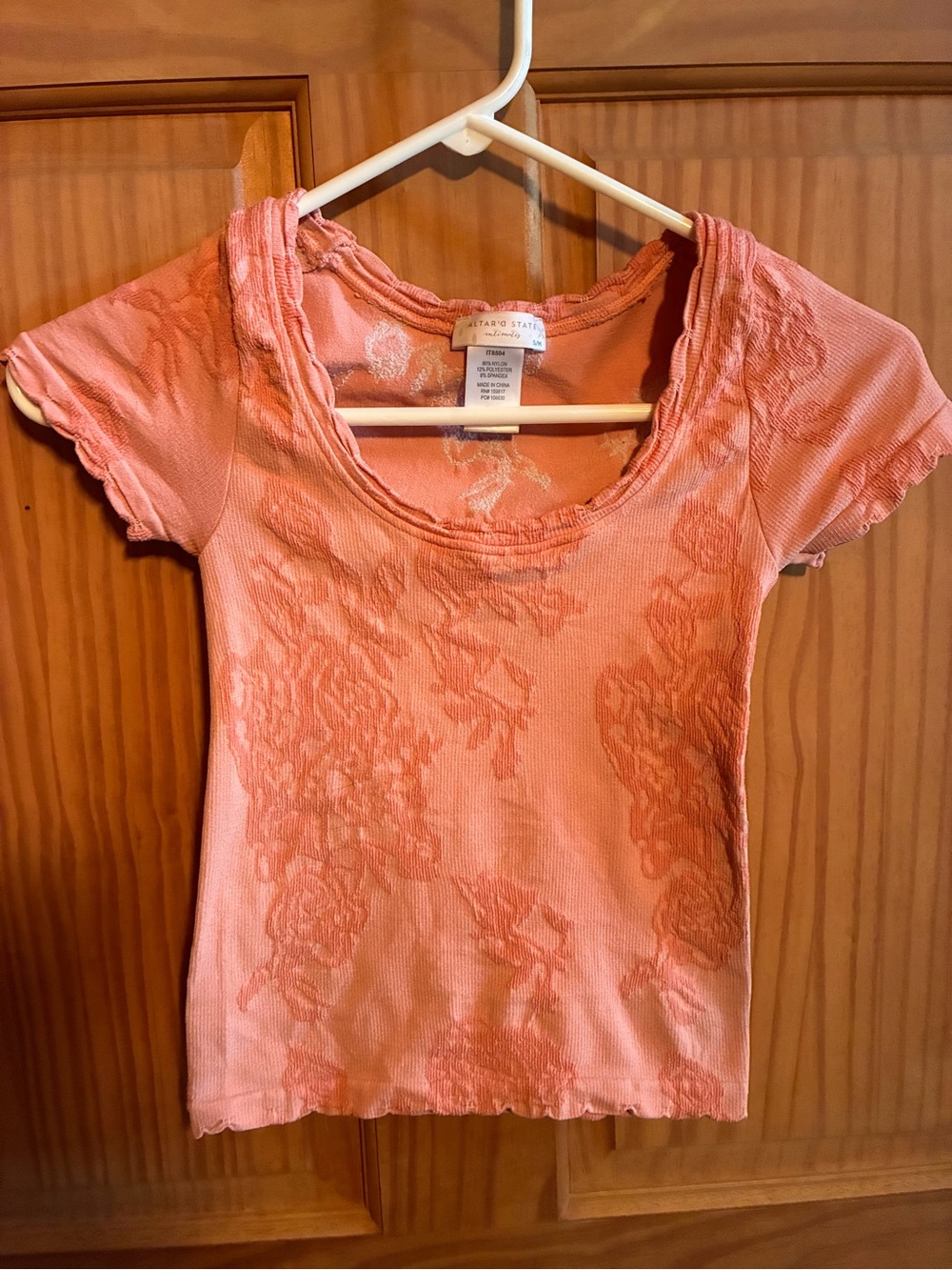 ANTONIO MELANI Coral Pink Short Sleeve Floral-Texture Scoop Neck Tee